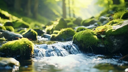 Poster - A peaceful stream flowing through a vibrant green forest