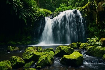 Poster - A peaceful waterfall surrounded by vibrant green foliage in a serene forest setting