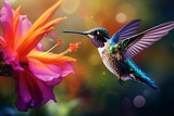 A hummingbird in flight near a vibrant flower with a blurred background