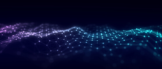 Technology blue hexagon wave of particles and lines. Big data visualization. Analytics representation. Digital background. 3d rendering.
