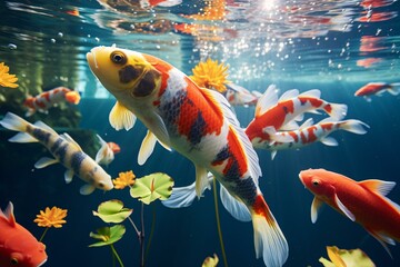 Wall Mural - A colorful school of fish swimming in an aquarium