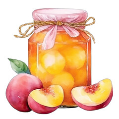 Wall Mural - Peach jam in a jar and fresh fruits, isolated on white transparent background