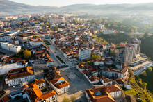 Drone Photo Of Vila Real, Portugal. View Of Buildings Along City Streets From Above.