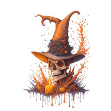 Watercolor Illustration Of Halloween  Concept, Dead Skull With Hat