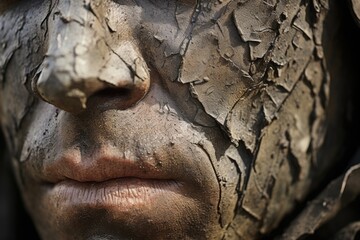  Closeup of a soldiers weary face, etched with scars and lines from the battles they have fought and the traumas they have endured.