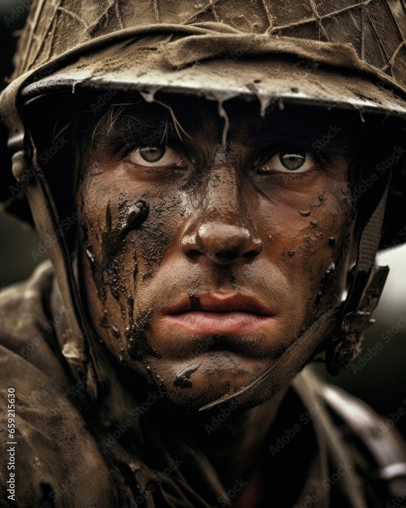 Closeup of a soldiers weary eyes, filled with pain and exhaustion from ...
