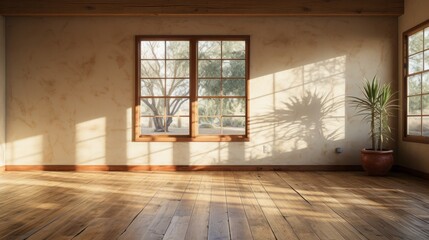 Wall Mural - wooden empty room of a house or ranch with sun rays. generative ai