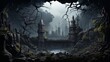 A creepy gothic castle in a foreboding landscape. Generative AI. 