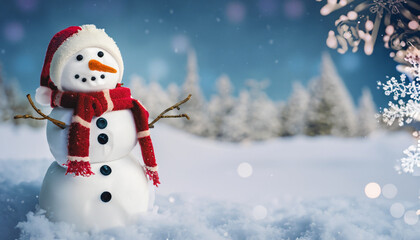  Merry christmas and happy new year greeting card with copy-space.Happy snowman standing in christmas landscape.Snow background.Winter fairytale.