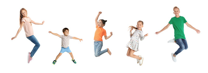 Sticker - Different kids jumping on white background, collage with photos