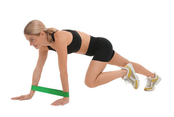 Woman exercising with elastic resistance band on white background