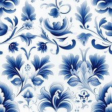 Seamless Pattern In Dutch Delft Blue And White Traditional Handpainted  Flowers.