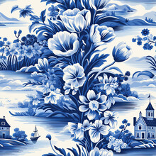 Seamless Pattern In Dutch Delft Blue And White Traditional Handpainted With House And Flowers.
