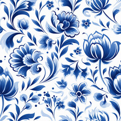  Seamless pattern in Dutch delft blue and white traditional handpainted flowers.