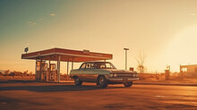 A Vintage Car At The Petrol Station In The Desert, Far From The City