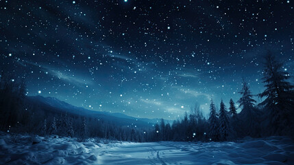 Poster - Space with many stars over a forest at night in winter