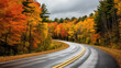 © Sasint - COUNTRY ROAD IN FALL AUTUMN Dramatic, moody scene of rural highway running through beautiful forest landscape. Orange and green foliage colors. Adventure through Canadian territory