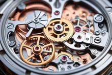 Close Up Of The Gear Mechanism Inside The Watch. Abstract Concept Of Machinery And Structures.