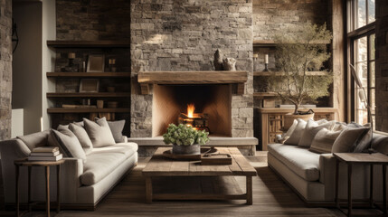 Rustic elegant house meets modern interior with fireplace