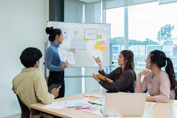 Wall Mural - team of ux developer and ui designer brainstorming interface wireframe design. creative digital deve