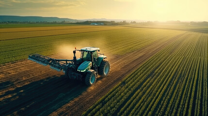 Aerial view of farming tractor plowing and spraying on field