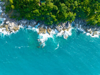 Wall Mural - Aerial view seashore with mountains at Phuket Thailand, Beautiful seacoast view at open sea in summer season,Nature recovered Environment and Travel background