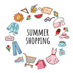 Wall Mural - Summer shopping. Round frame. Vector elements: clothing, shoes, perfume, accessories. Sale. Bright illustrations in doodle style.