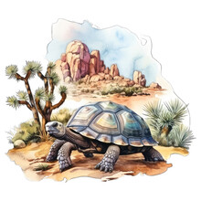 Joshua Trees In The Desert, With Desert Tortoise Illustration. Isolated On White Background. Watercolor