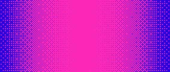 Pixelated bitmap gradient texture. Blue and pink dither pattern background. Abstract glitchy pattern. 8 bit video game screen wallpaper. Wide pixel art retro illustration. Vector horizontal backdrop