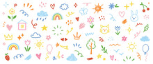 Cute Kid Scribble Line Flower, Heart. Rainbow Background. Hand Drawn Doodle Sketch Childish Element Set. Flower, Heart, Cloud Children Draw Style Design Elements Background. Vector Illustration