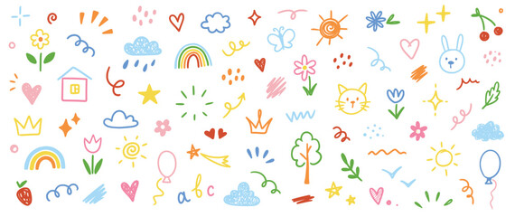 Aufkleber - Cute kid scribble line flower, heart. rainbow background. Hand drawn doodle sketch childish element set. Flower, heart, cloud children draw style design elements background. Vector illustration