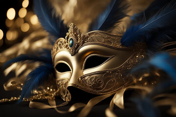 Wall Mural - Blue and gold Venetian carnival mask with feathers, copy space