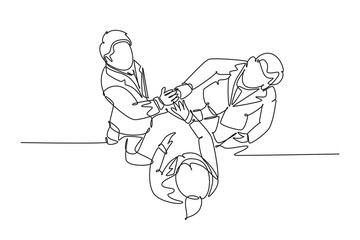 Wall Mural - Single continuous line drawing of young businessmen celebrating their successive goal at business meeting with high five gesture from top view. Dynamic one line draw graphic design vector illustration