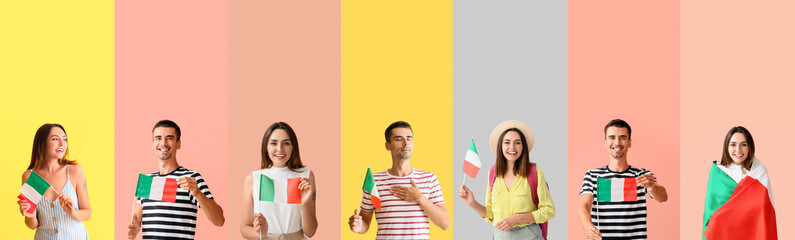 Sticker - Set of people with Italian flags on color background