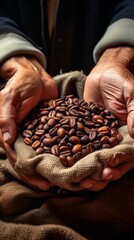 Wall Mural - Closeup hands and person holding coffee beans from a harvest bag used in farming, agriculture, and the environment. Farmer and caffeine bean produce in a sack for the service industry and agribusiness