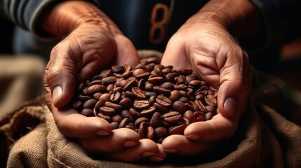 Wall Mural - Closeup hands and person holding coffee beans from a harvest bag used in farming, agriculture, and the environment. Farmer and caffeine bean produce in a sack for the service industry and agribusiness