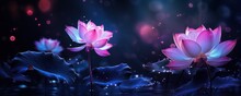 Fluorescent Lotus Flowers Bloomed On A Magical Night. AI Generation 
