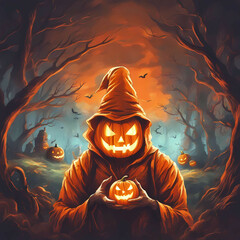 Wall Mural - An evil dark sinister ghostly man dressed as halloween pumpkin.