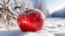 Ruddy Red Apple On Fresh Snow