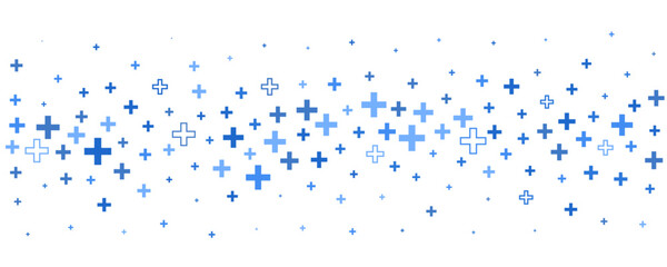 Medical cross and plus background. Abstract seamless blue background for hospital and pharmacy. Geometrical shapes ornament on border. Vector backdrop