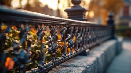 Outdoor barrier made of iron railing with sunshine