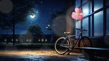 Bicycle On The Road With A View On The School In The Night. Seamless Looping Time-lapse Virtual 4k Video Animation Background.