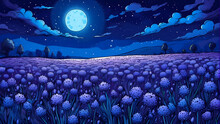 Landscape With Blue Flowers At Night With Full Moon In The Background.