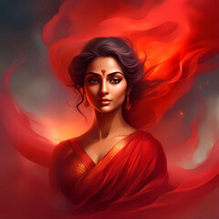 Wall Mural - Portrait of a woman in red saree surrounded by red smoke.