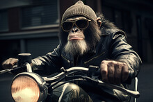 Image Of Cool Chimpanz Monkey Wearing Sunglasses Is Riding A Chopper Motorcycle. Animal., Illustration, Generative AI.
