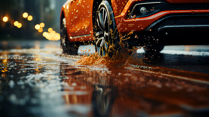 Car wheel with new tires during rain on a wet road with puddles