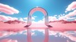 3d render Abstract aesthetic background. Surreal fantasy landscape. Water, pink desert, neon linear arch and chrome metallic gate under the blue sky with white clouds. Generative AI image weber.