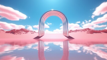 Wall Mural - 3d render Abstract aesthetic background. Surreal fantasy landscape. Water, pink desert, neon linear arch and chrome metallic gate under the blue sky with white clouds. Generative AI image weber.