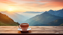 Beautiful Hot Morning Cup Of Coffee With Mountains Background