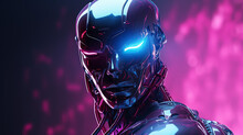 Amazing Cyborg With Blue Pink Moody 80s Lighting 3D Illustration